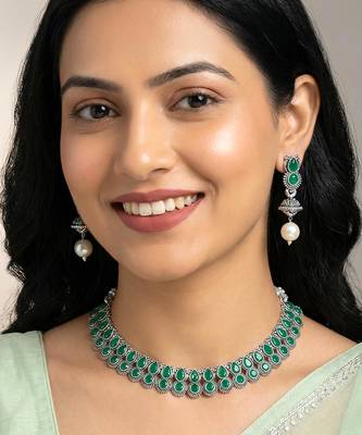 Green oxidised necklace earrings set for women faux emerald studded | 1