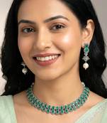 Green oxidised necklace earrings set for women faux emerald studded |