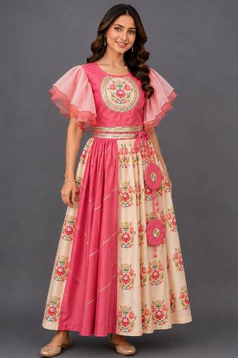 Beige Coral Printed Organza Lehenga Set