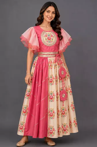 Beige Coral Printed Organza Lehenga Set