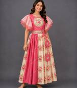 Beige Coral Printed Organza Lehenga Set
