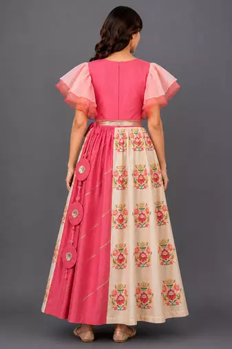 Beige Coral Printed Organza Lehenga Set