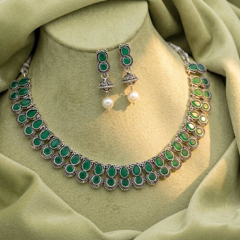 Green oxidised necklace earrings set for women faux emerald studded |