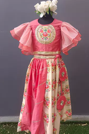 Beige Coral Printed Organza Lehenga Set