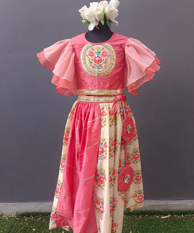Beige Coral Printed Organza Lehenga Set