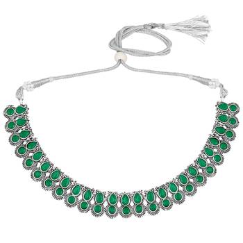 Green oxidised necklace earrings set for women faux emerald studded | 3