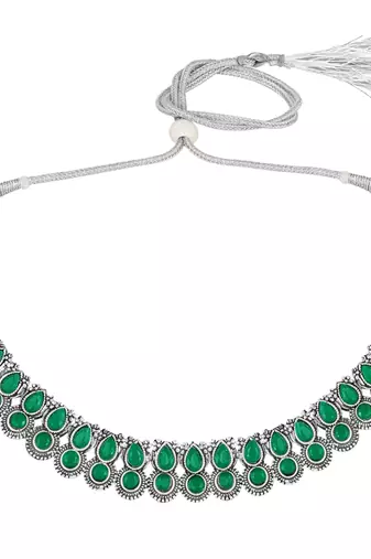 Green oxidised necklace earrings set for women faux emerald studded |