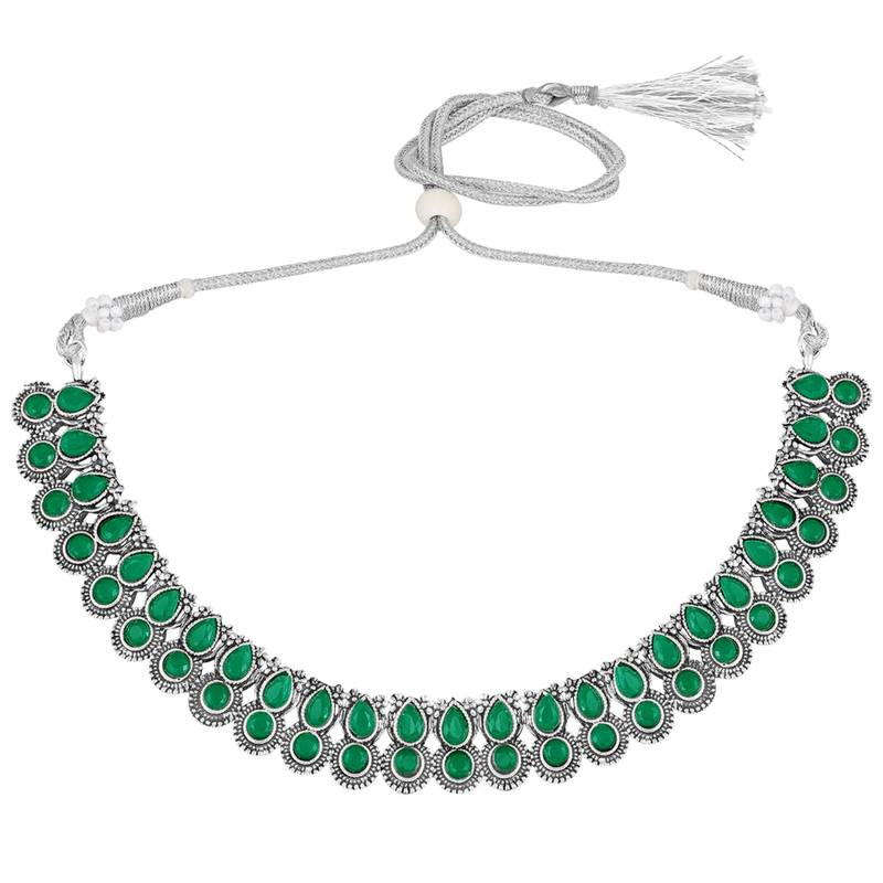 Green oxidised necklace earrings set for women faux emerald studded |