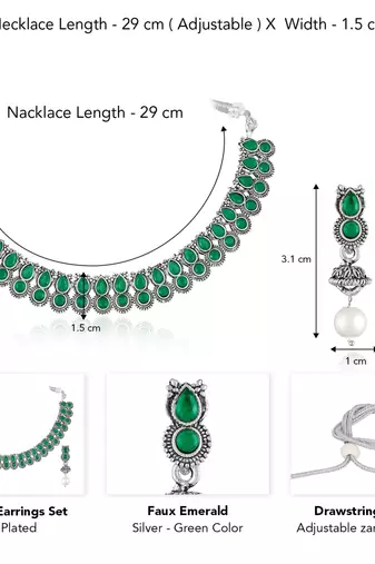 Green oxidised necklace earrings set for women faux emerald studded |
