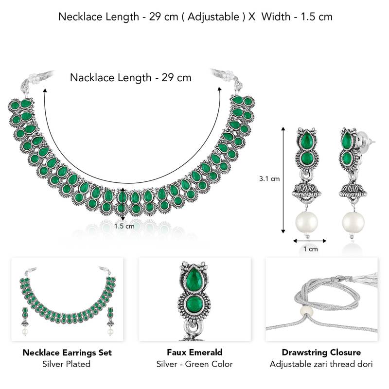Green oxidised necklace earrings set for women faux emerald studded |