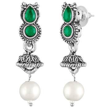 Green oxidised necklace earrings set for women faux emerald studded | 5