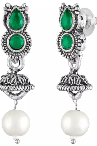 Green oxidised necklace earrings set for women faux emerald studded |