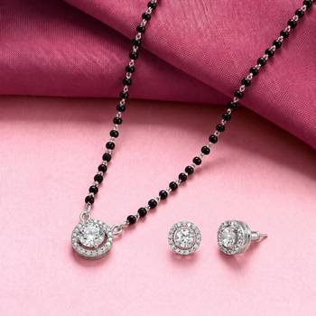 Silver toned round solitaire black beaded mangalsutra with earrings 2
