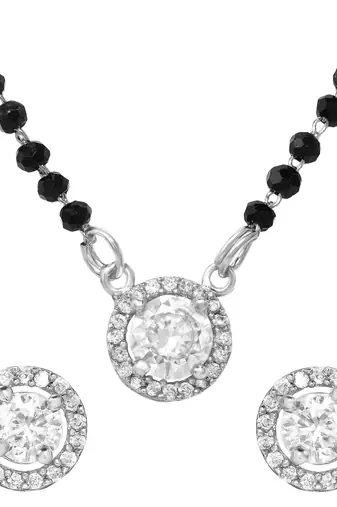 Silver toned round solitaire black beaded mangalsutra with earrings
