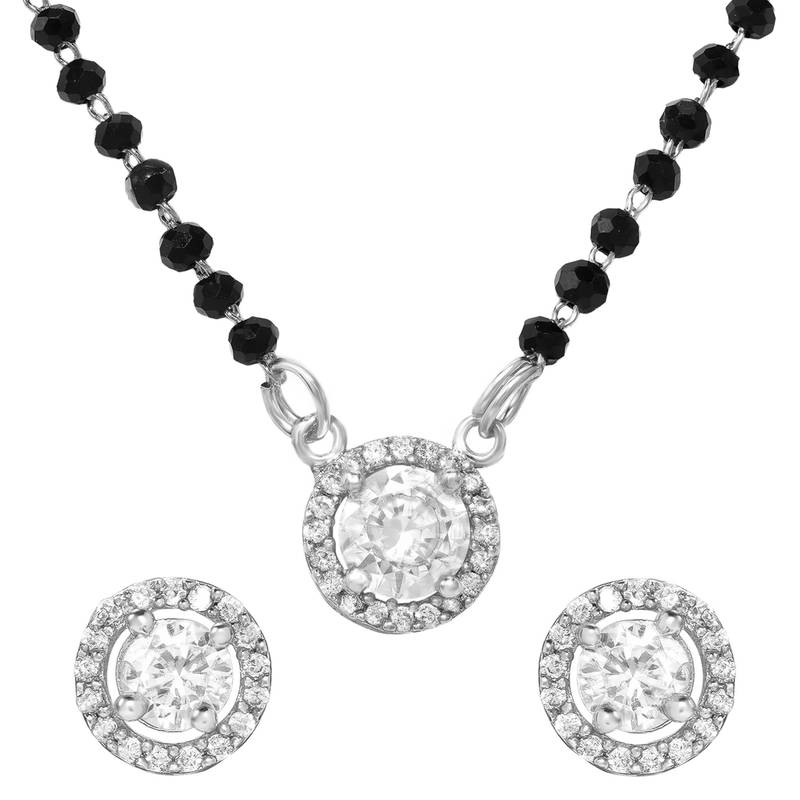 Silver toned round solitaire black beaded mangalsutra with earrings