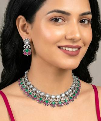 Rani pink green oxidised necklace earrings set faux ruby emerald 1