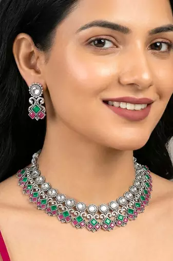 Rani pink green oxidised necklace earrings set faux ruby emerald