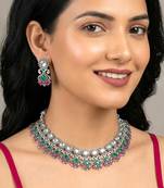 Rani pink green oxidised necklace earrings set faux ruby emerald