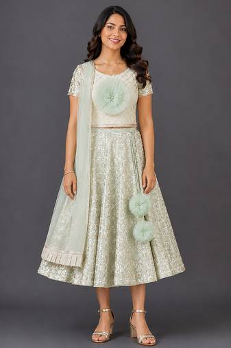 Green Embroidered Georgette Lehenga Set