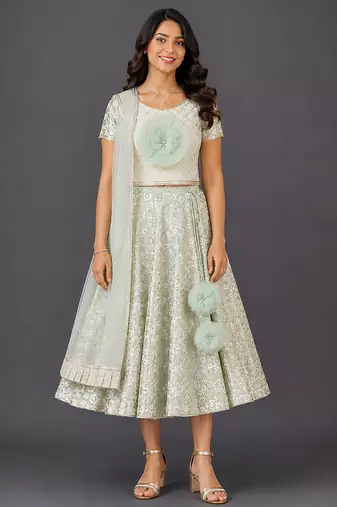 Green Embroidered Georgette Lehenga Set