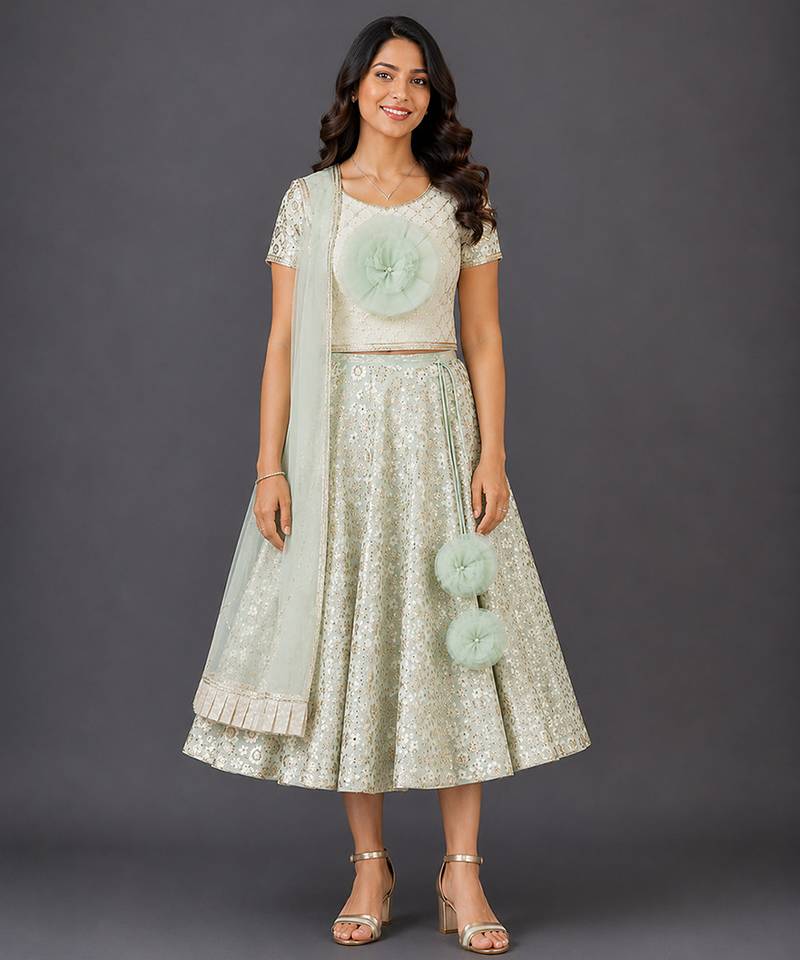 Green Embroidered Georgette Lehenga Set