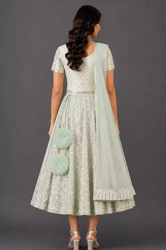 Green Embroidered Georgette Lehenga Set