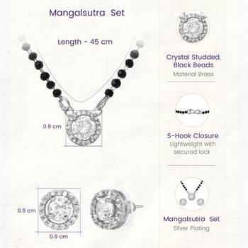 Silver toned round solitaire black beaded mangalsutra with earrings 4