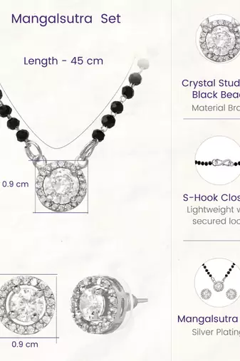 Silver toned round solitaire black beaded mangalsutra with earrings