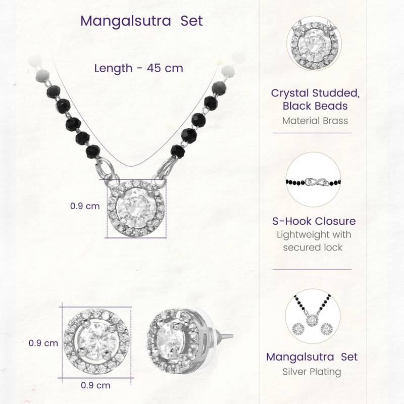 Silver toned round solitaire black beaded mangalsutra with earrings