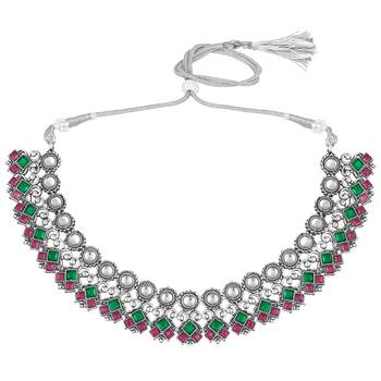 Rani pink green oxidised necklace earrings set faux ruby emerald 2