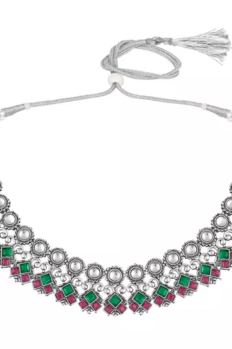 Rani pink green oxidised necklace earrings set faux ruby emerald