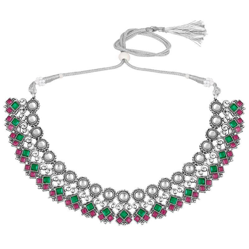 Rani pink green oxidised necklace earrings set faux ruby emerald