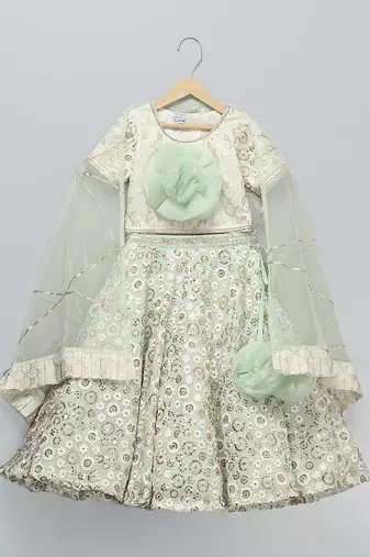 Green Embroidered Georgette Lehenga Set