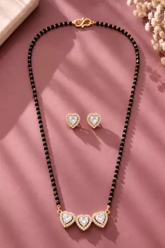 Womens golden toned heart mangalsutra necklace & earrings set