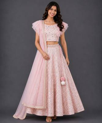 Pink Embroidered Georgette Lehenga Set 1