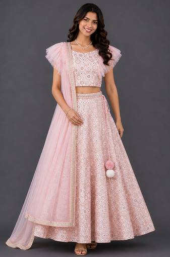 Pink Embroidered Georgette Lehenga Set