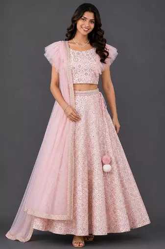 Pink Embroidered Georgette Lehenga Set