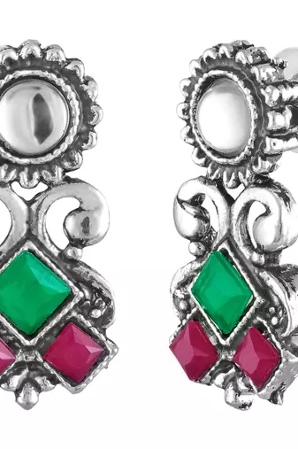 Rani pink green oxidised necklace earrings set faux ruby emerald