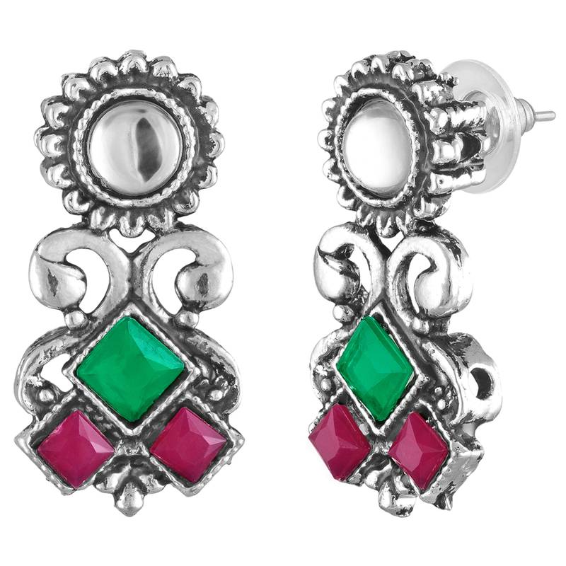 Rani pink green oxidised necklace earrings set faux ruby emerald