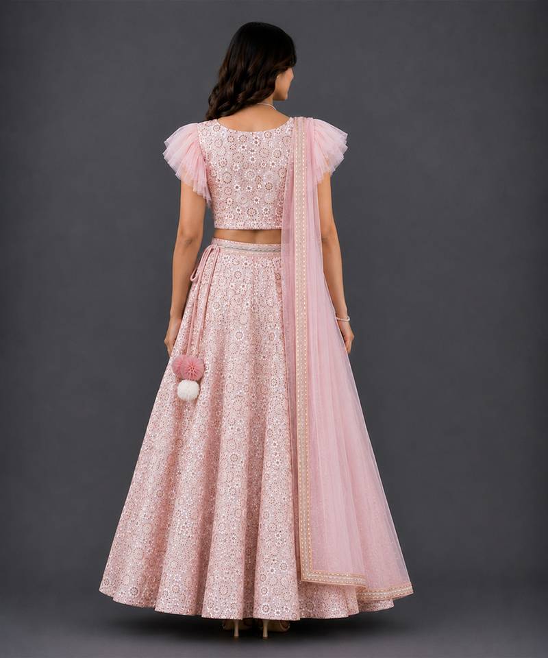 Pink Embroidered Georgette Lehenga Set