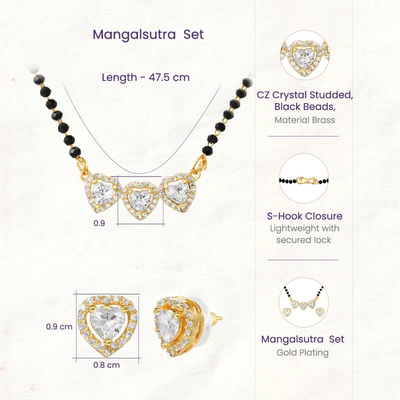 Womens golden toned heart mangalsutra necklace & earrings set