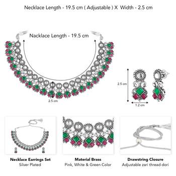 Rani pink green oxidised necklace earrings set faux ruby emerald 4