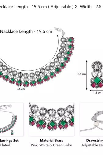 Rani pink green oxidised necklace earrings set faux ruby emerald