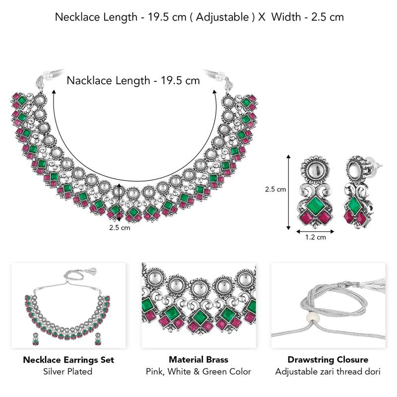 Rani pink green oxidised necklace earrings set faux ruby emerald