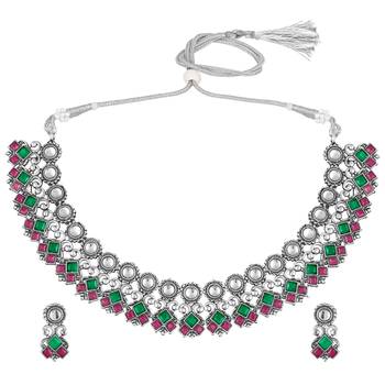 Rani pink green oxidised necklace earrings set faux ruby emerald 5