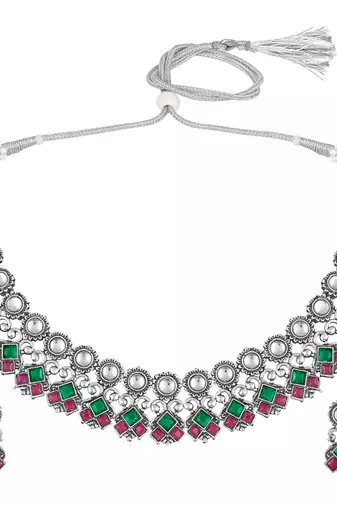 Rani pink green oxidised necklace earrings set faux ruby emerald