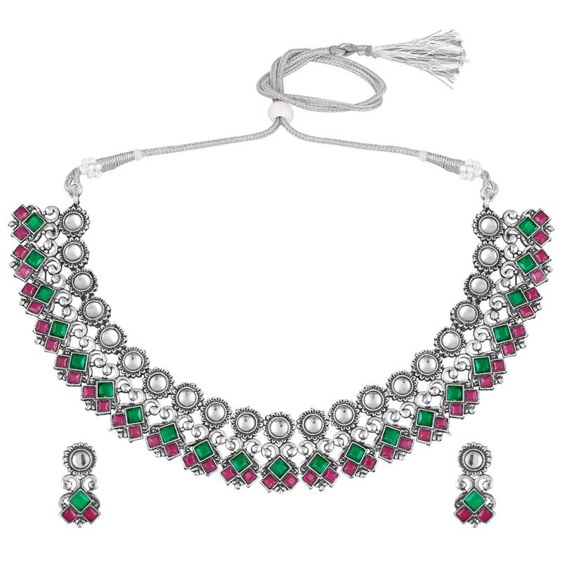 Rani pink green oxidised necklace earrings set faux ruby emerald