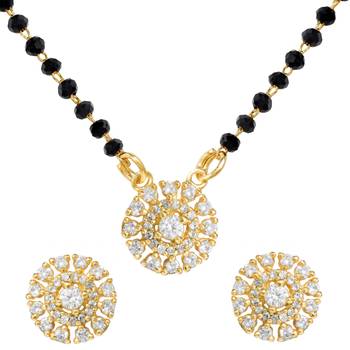 Women's golden toned floral mangalsutra & stud earring jewelry set 3