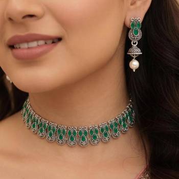 Green oxidised necklace earrings set faux emerald studded festive 1