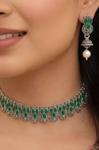 Green oxidised necklace earrings set faux emerald studded festive